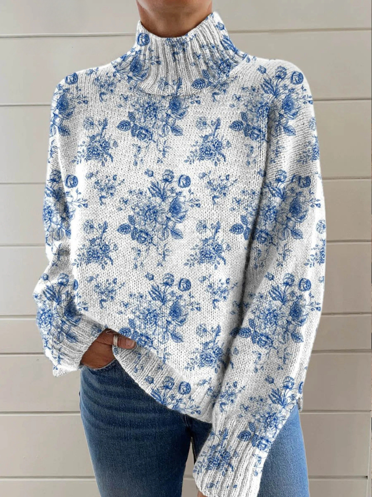 Ashley | Blue Blossom Turtleneck Sweater